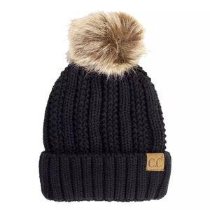 C.C  Black Knit Beanie with Faux Fur Pom